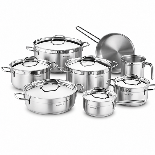 طقم حلل كوركماز ألفا جراند 14 قطعة – استانلس ستيل 304 تركي أصلي موديل 1089