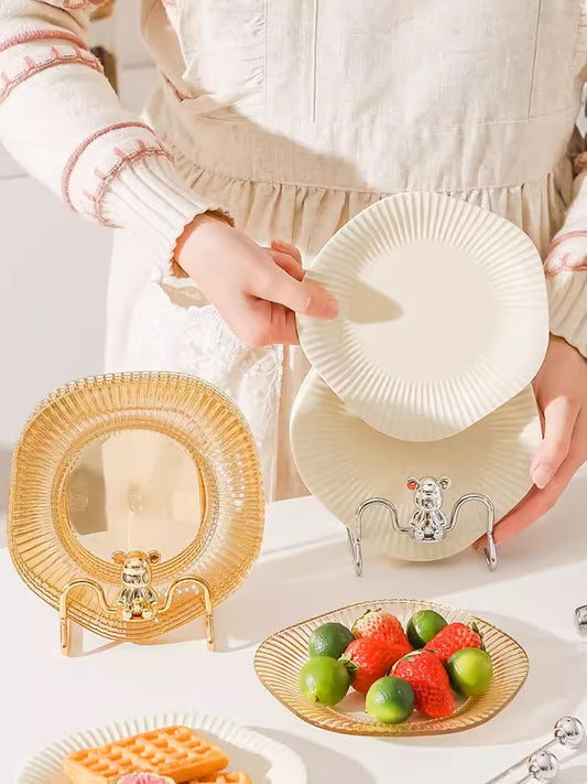 طقم أطباق اكريليك مضلعة مع حامل مدهب على شكل دبدوب لتقديم الحلويات والمقبلات