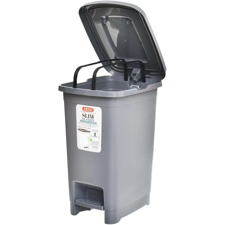 سلة مهملات بلاستيك رفيعة سعة 10 لتر من أكسا بدواسة وغطاء للمساحات الصغيرة