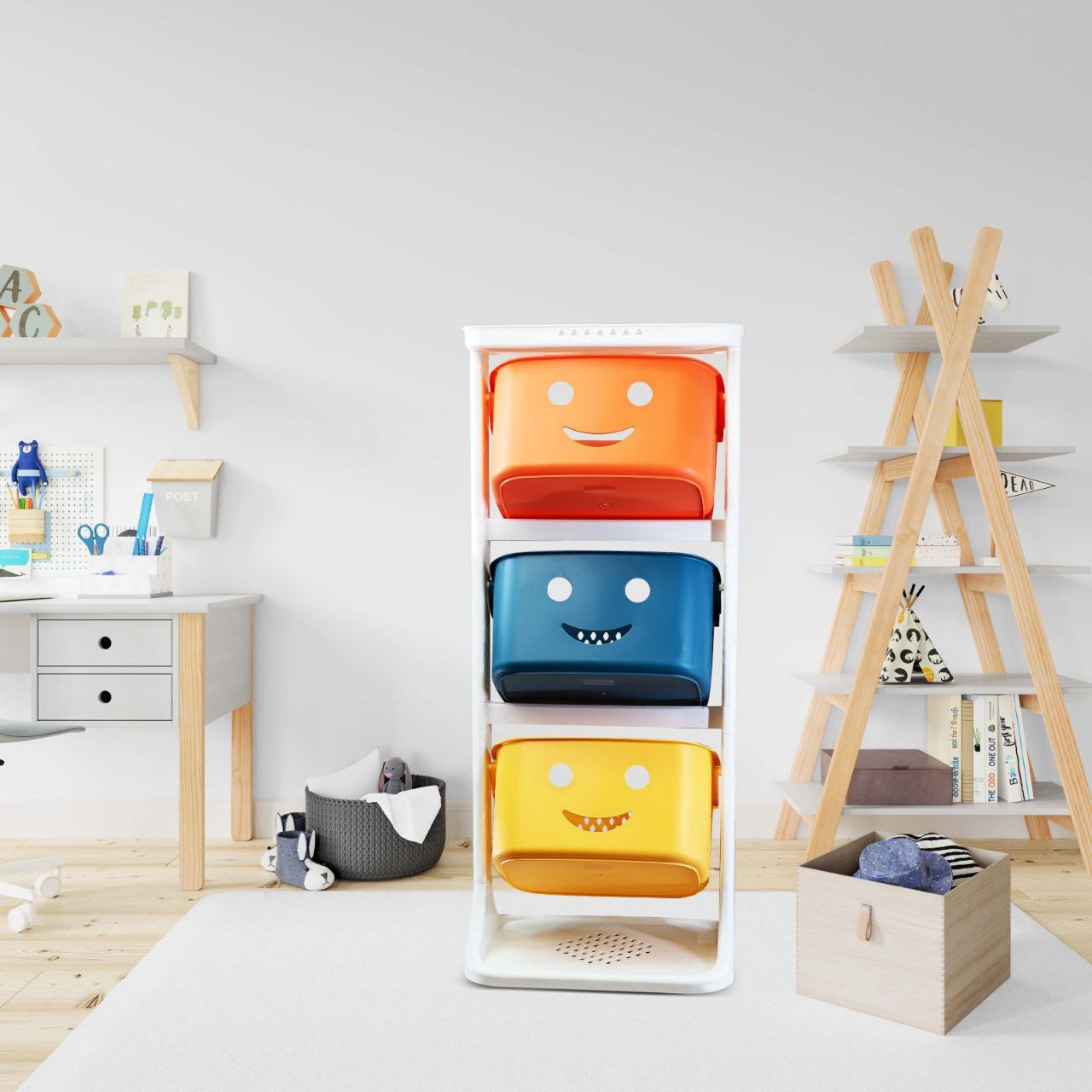 منظم سمايل اكسا تربو 3 دور من AKSA – وحدة تخزين بلاستيك بثلاث سلال ملونة ووجوه مبتسمة