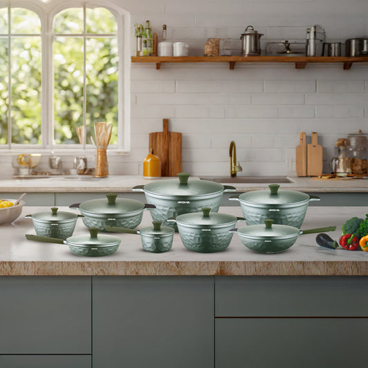 طقم حلل أرشيا جرين دايموند 16 قطعة جرانيت أخضر بغطاء زجاج حراري