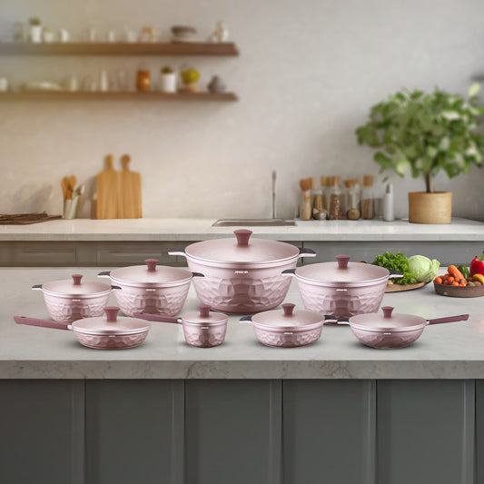 طقم حلل أرشيا بينك دايموند 16 قطعة جرانيت وردي بغطاء زجاج حراري