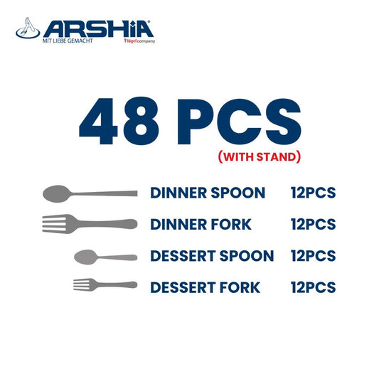 طقم معالق وشوك Arshia ذهب وفضة 48 قطعة مع ستاند