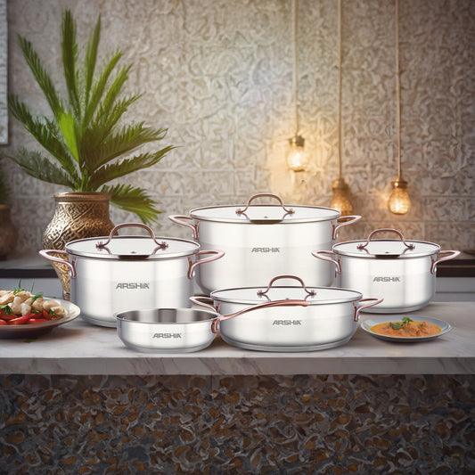 طقم حلل أرشيا استانلس ستيل 9 قطع بمقابض نحاسية أنيقة