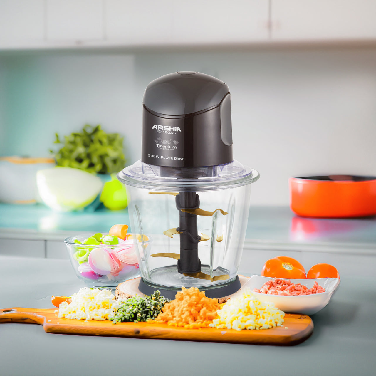 مفرمة أرشيا تيتانيوم كهربائية 500 واط مع وعاء زجاجي سعة 1.5 لتر موديل 3337 باللون الأسود