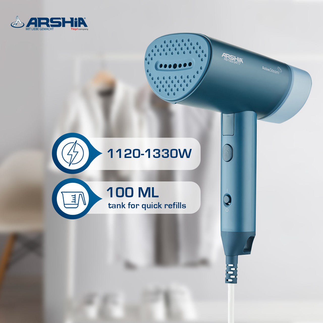 مكواة بخار محمولة قابلة للطي من أرشيا باللون الأزرق – مثالية للسفر والاستخدام المنزلي