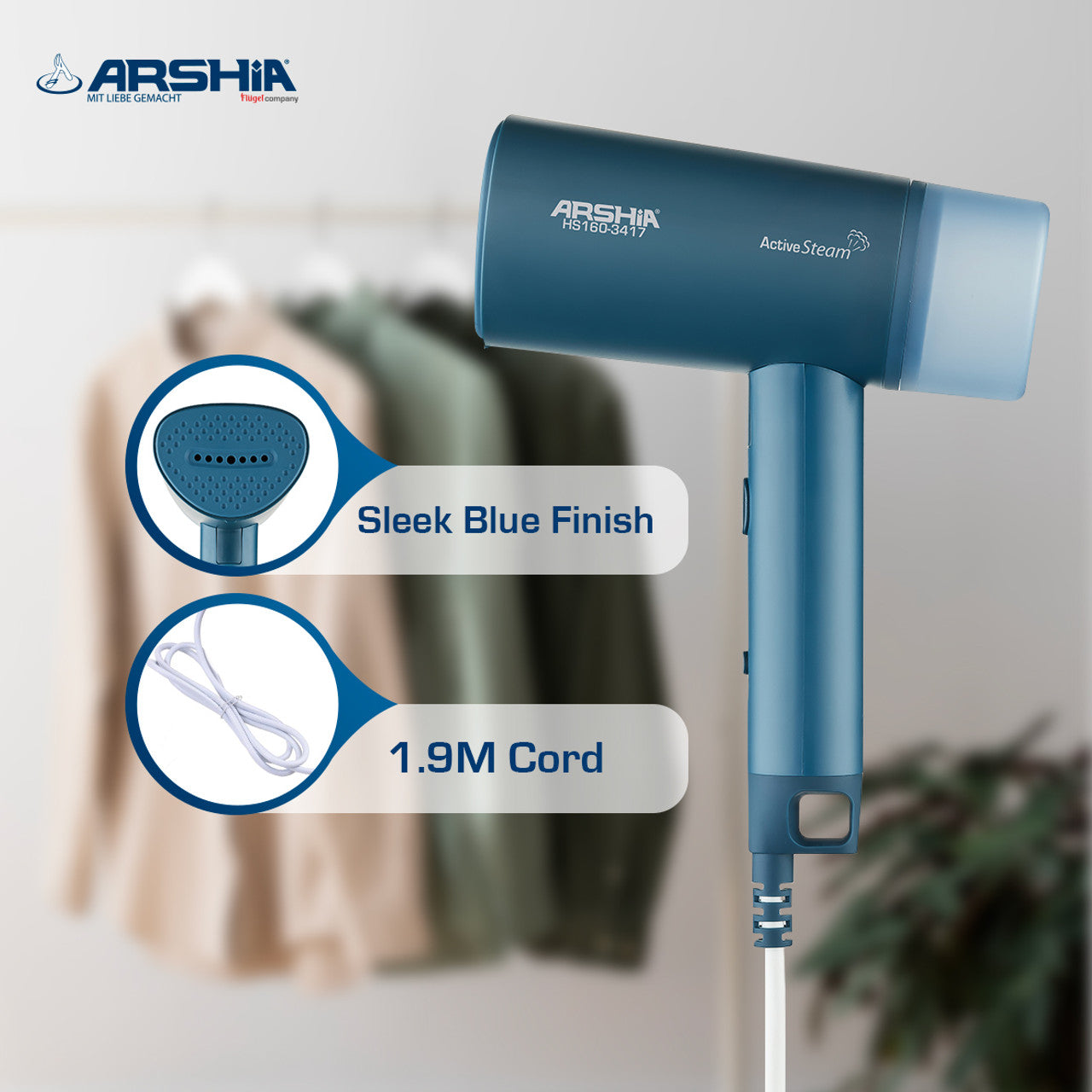 مكواة بخار محمولة قابلة للطي من أرشيا باللون الأزرق – مثالية للسفر والاستخدام المنزلي