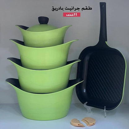 طقم حلل جرانيت بادريق سعودي 11 قطعة مدور غير لاصق بتوزيع حرارة مثالي