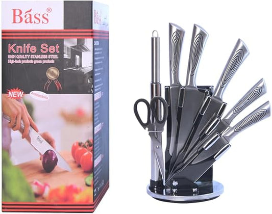 طقم سكاكين استانلس ستيل باص الأصلي مع حامل أكريليك دوار 360 – 8 قطع عالية الجودة