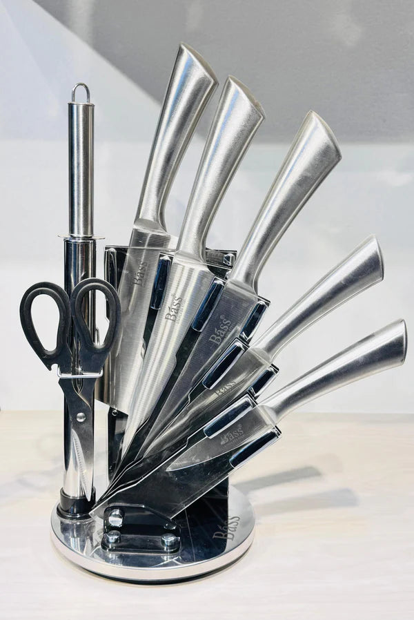 طقم سكاكين استانلس ستيل باص الأصلي مع حامل أكريليك دوار 360 – 8 قطع عالية الجودة