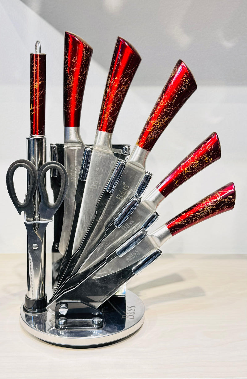 طقم سكاكين استانلس ستيل باص الأصلي مع حامل أكريليك دوار 360 – 8 قطع عالية الجودة