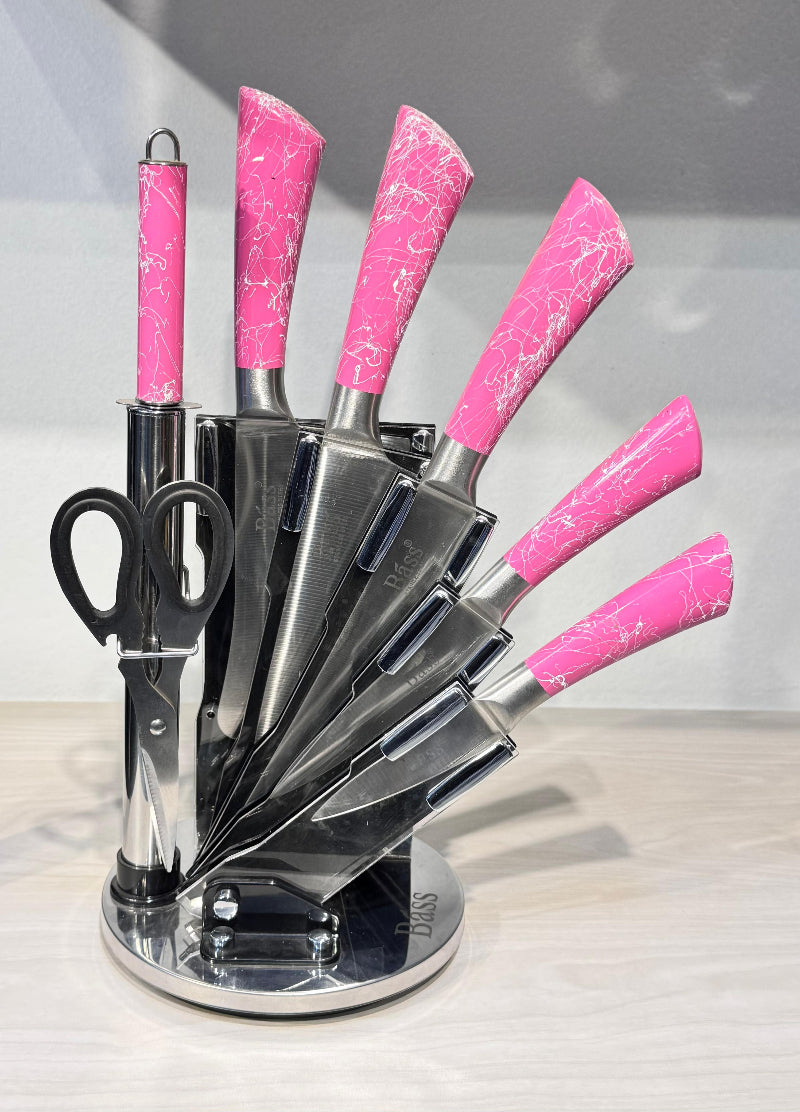 طقم سكاكين استانلس ستيل باص الأصلي مع حامل أكريليك دوار 360 – 8 قطع عالية الجودة