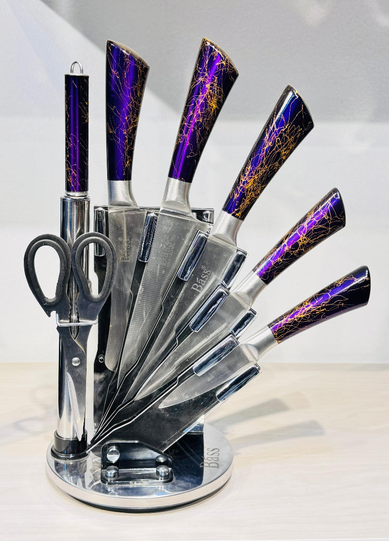 طقم سكاكين استانلس ستيل باص الأصلي مع حامل أكريليك دوار 360 – 8 قطع عالية الجودة