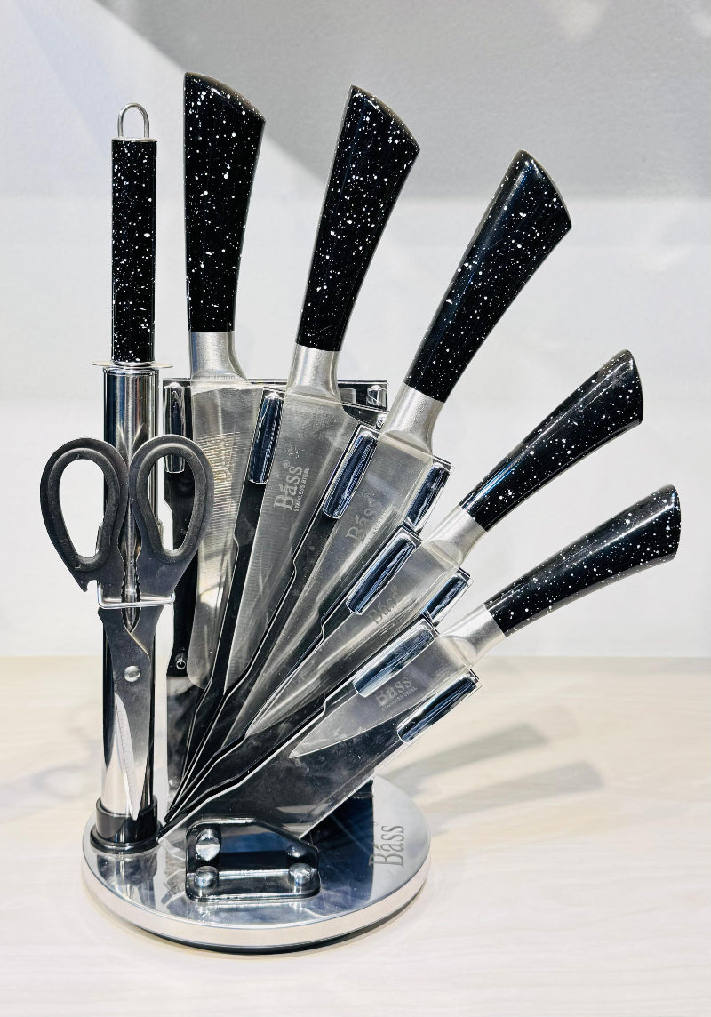 طقم سكاكين استانلس ستيل باص الأصلي مع حامل أكريليك دوار 360 – 8 قطع عالية الجودة