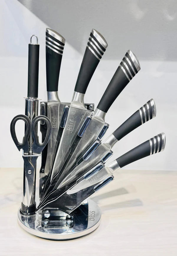 طقم سكاكين استانلس ستيل باص الأصلي مع حامل أكريليك دوار 360 – 8 قطع عالية الجودة