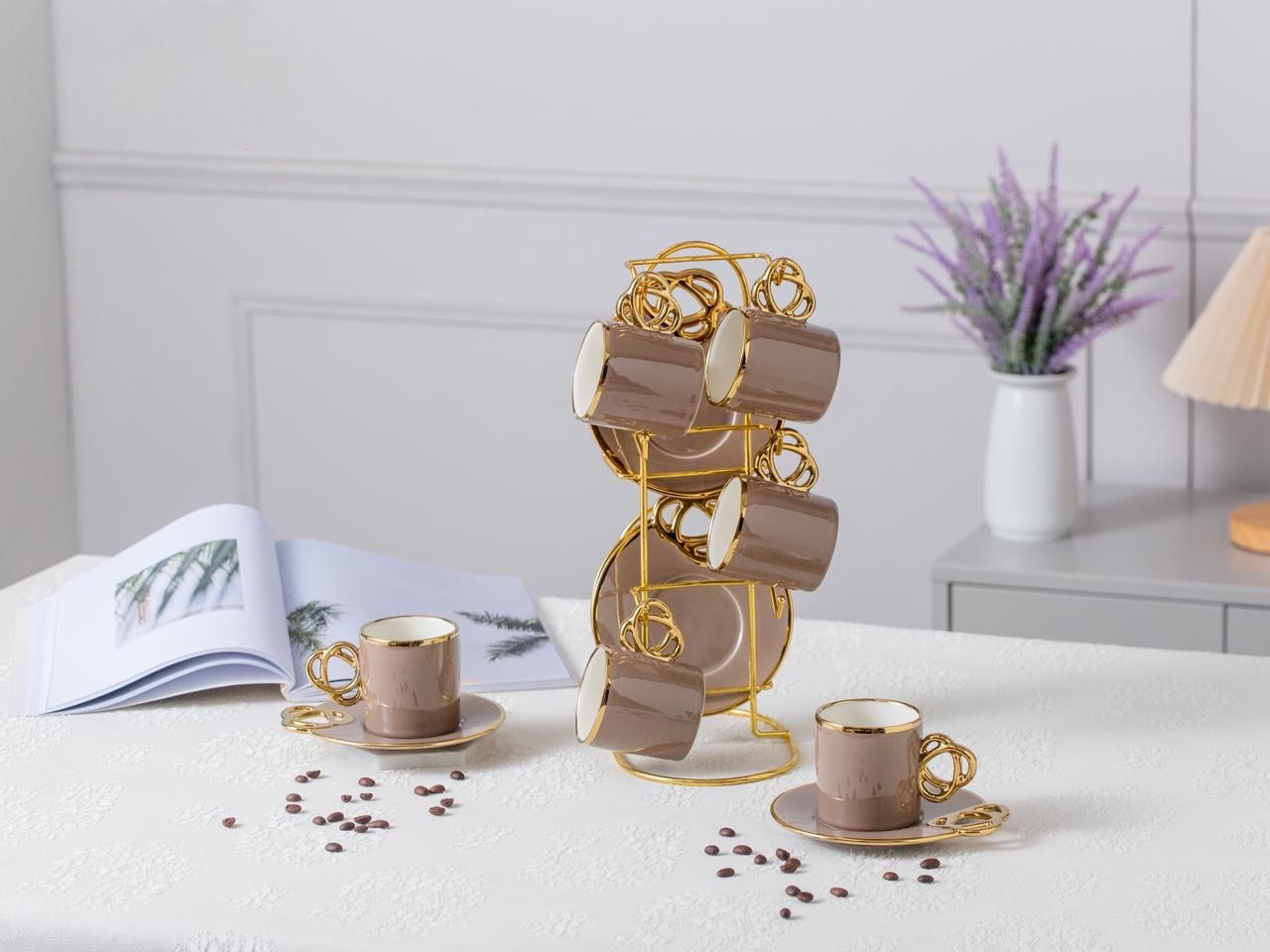 طقم مج كافيه مع طبق وحامل مدهب مكون من 13 قطعة للضيافة