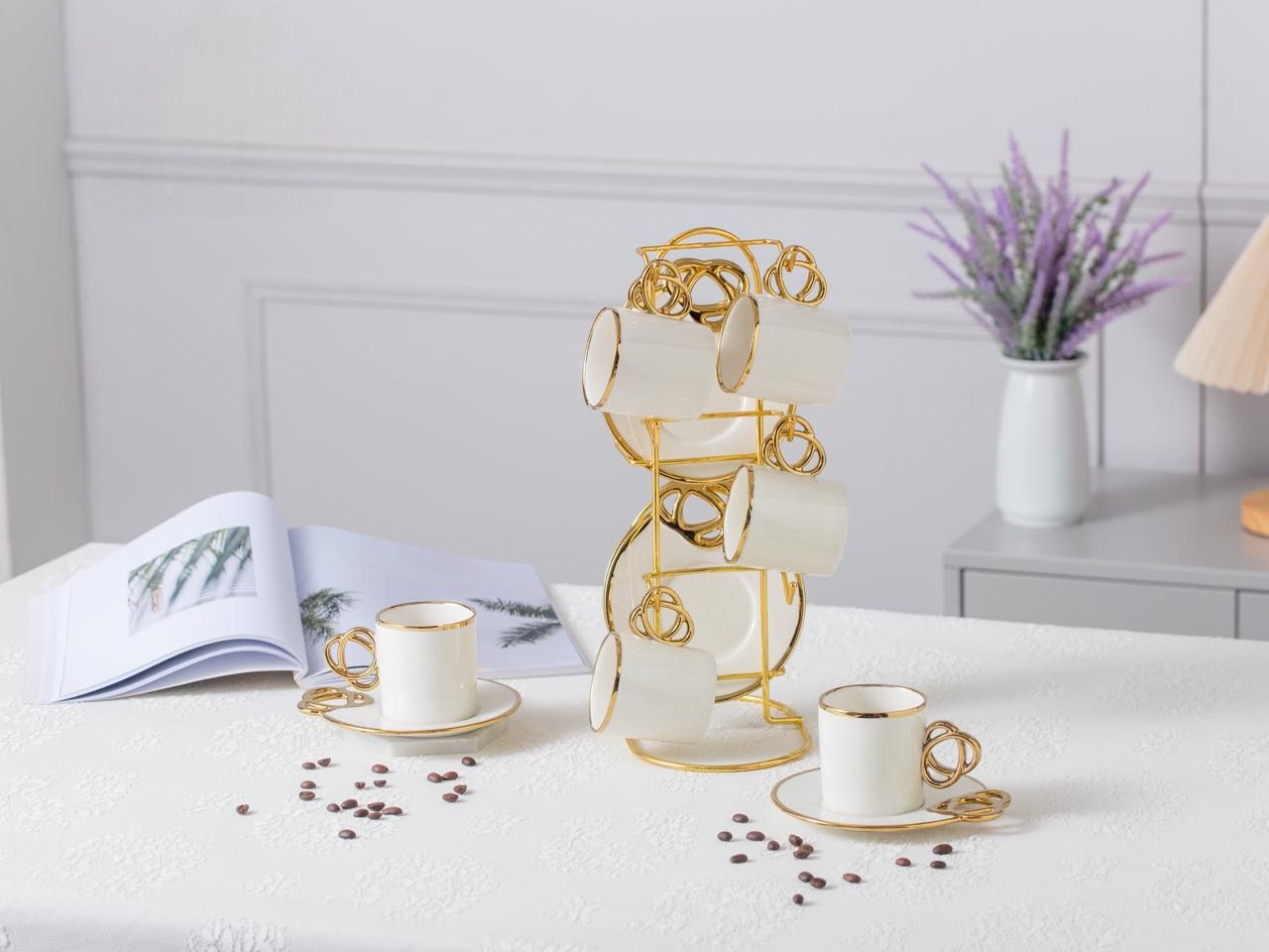 طقم مج كافيه مع طبق وحامل مدهب مكون من 13 قطعة للضيافة