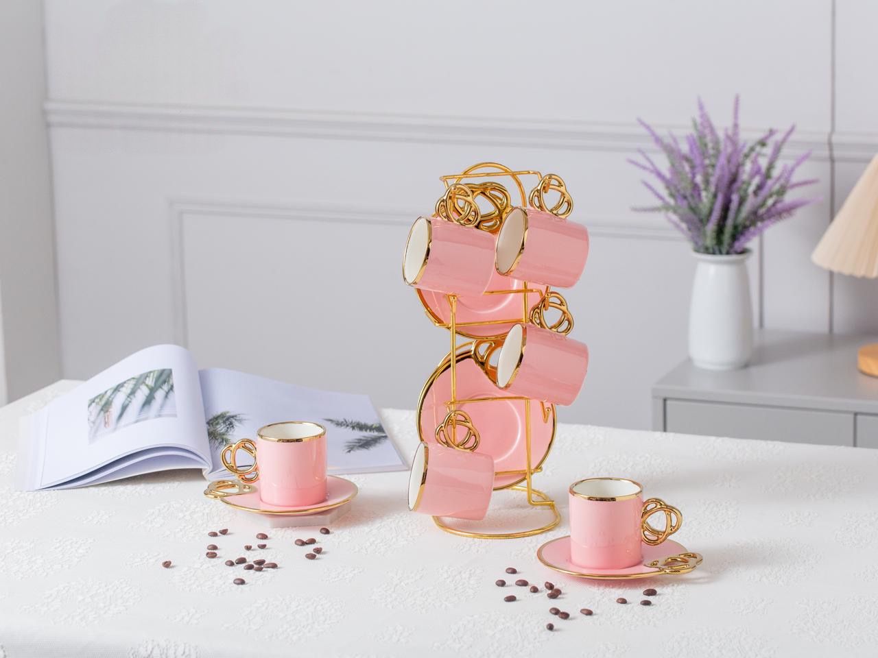 طقم مج كافيه مع طبق وحامل مدهب مكون من 13 قطعة للضيافة