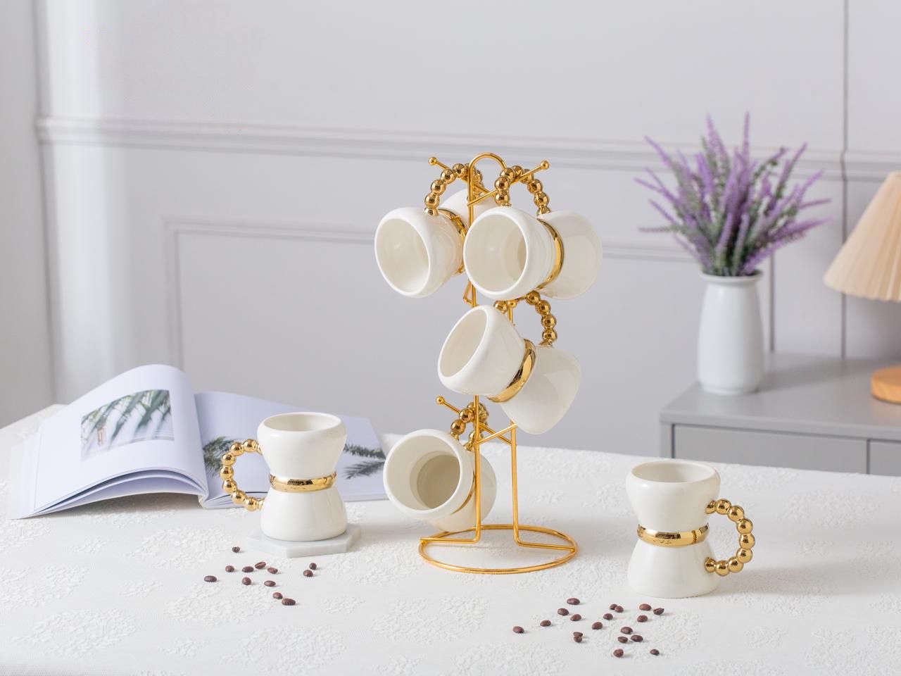 طقم مج شاى مكون من 6 مجات مع حامل مدهب فاخر لركن القهوة – 7 قطع