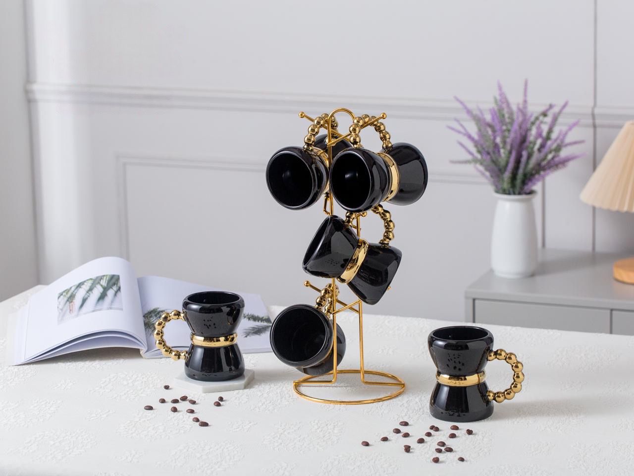 طقم مج شاى مكون من 6 مجات مع حامل مدهب فاخر لركن القهوة – 7 قطع