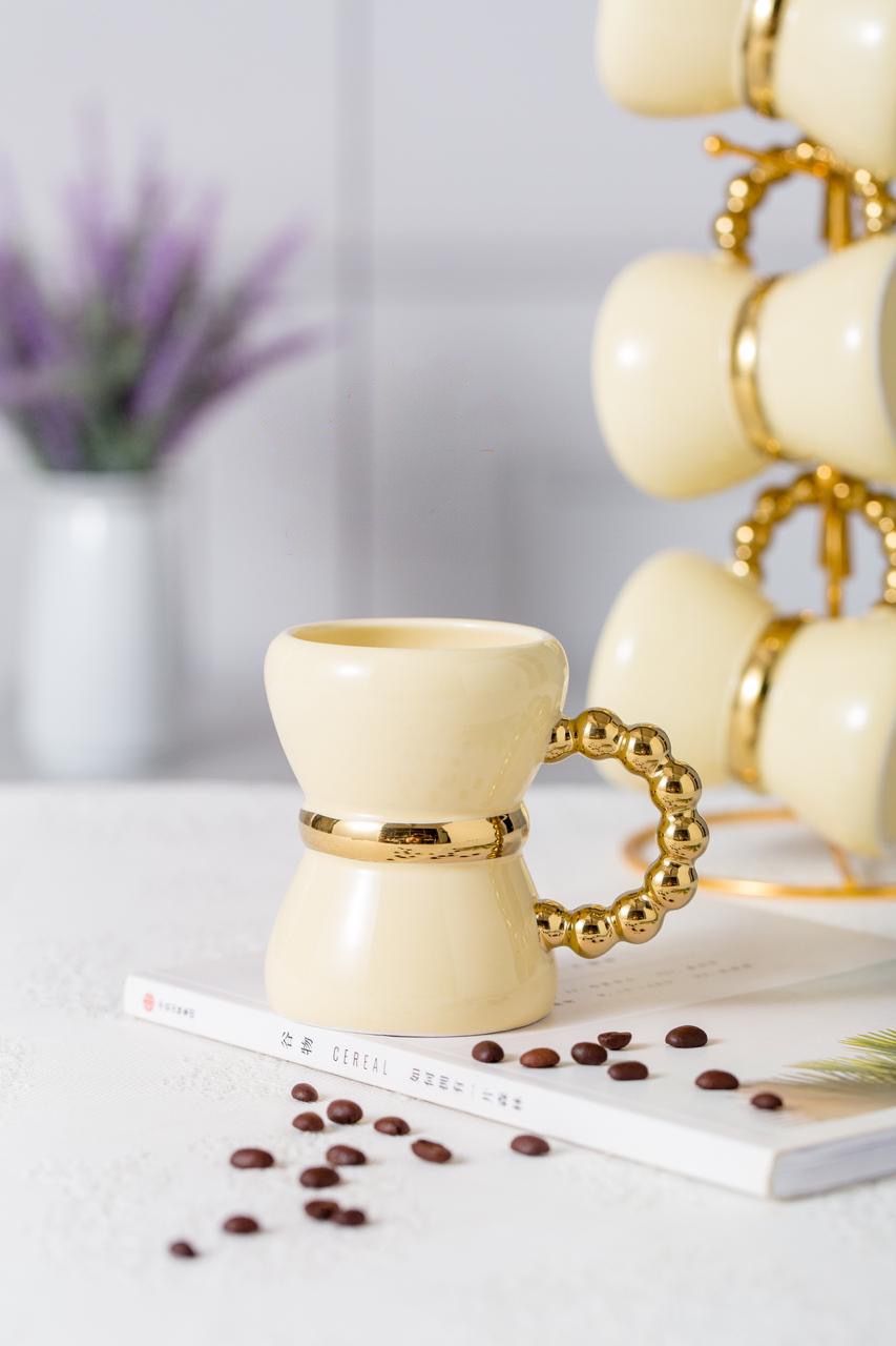 طقم مج شاى مكون من 6 مجات مع حامل مدهب فاخر لركن القهوة – 7 قطع