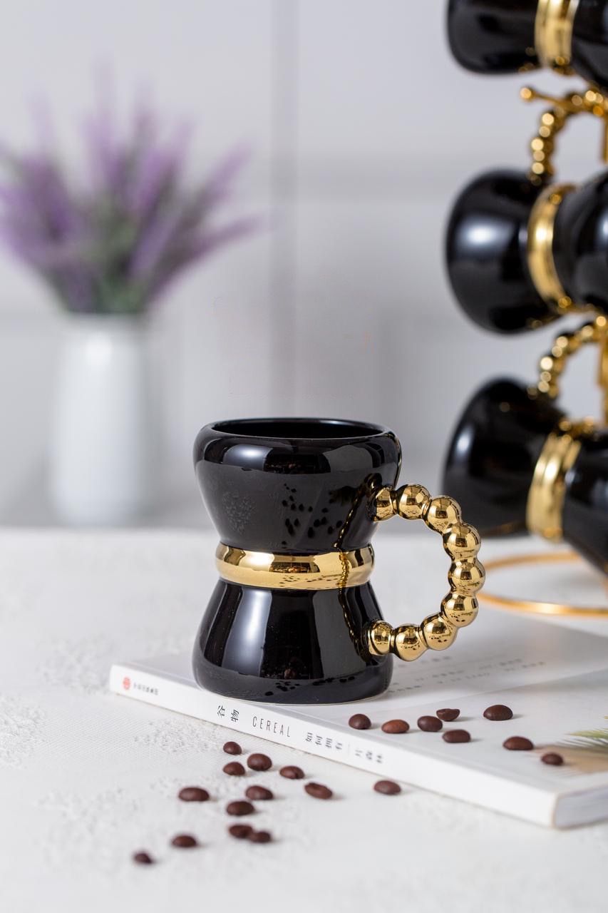 طقم مج شاى مكون من 6 مجات مع حامل مدهب فاخر لركن القهوة – 7 قطع