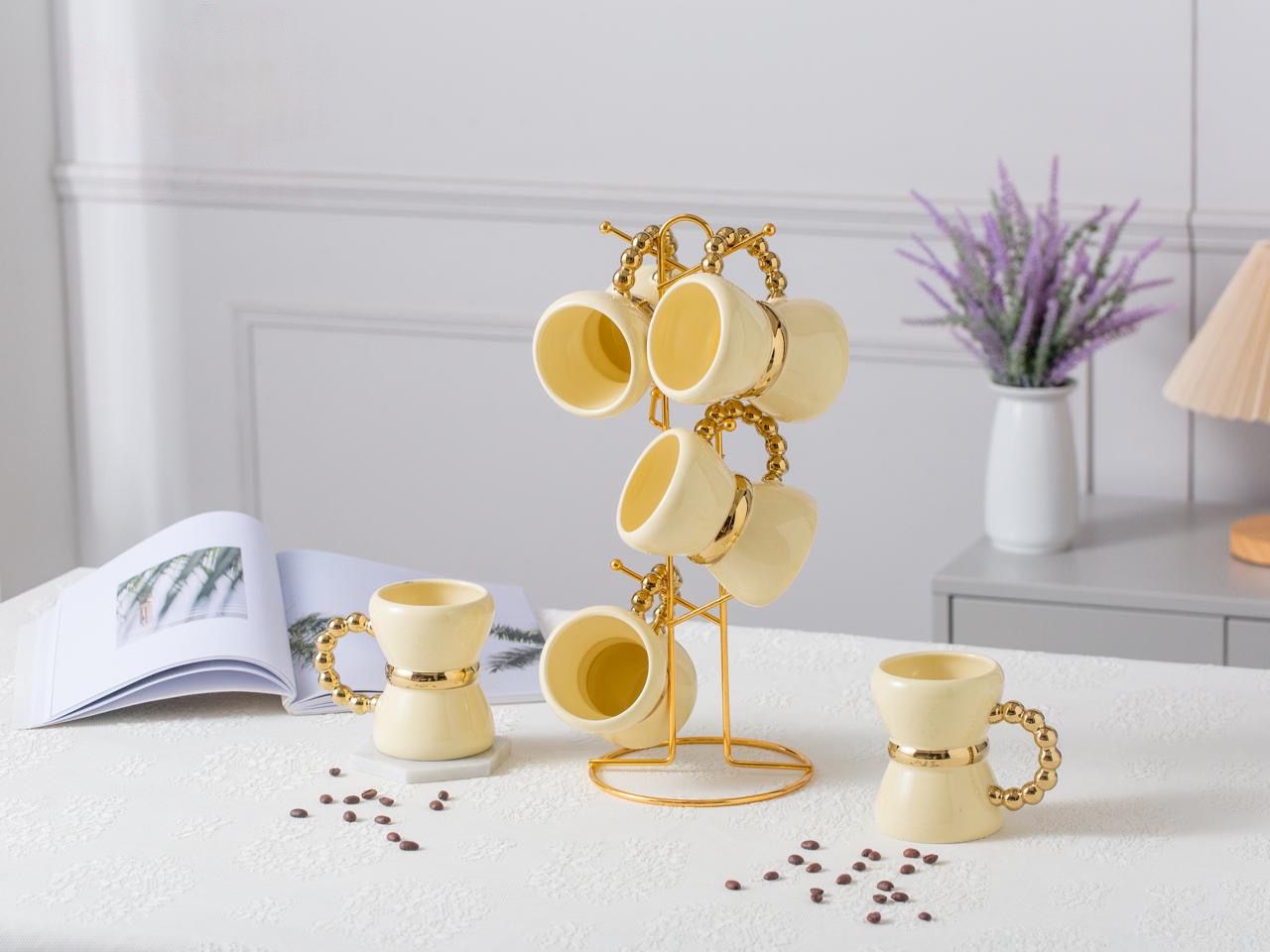 طقم مج شاى مكون من 6 مجات مع حامل مدهب فاخر لركن القهوة – 7 قطع