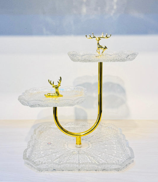 شيالة كريستال 3 دور على حامل مدهب بتصميم غزالة فخم لتقديم الحلويات والفواكه