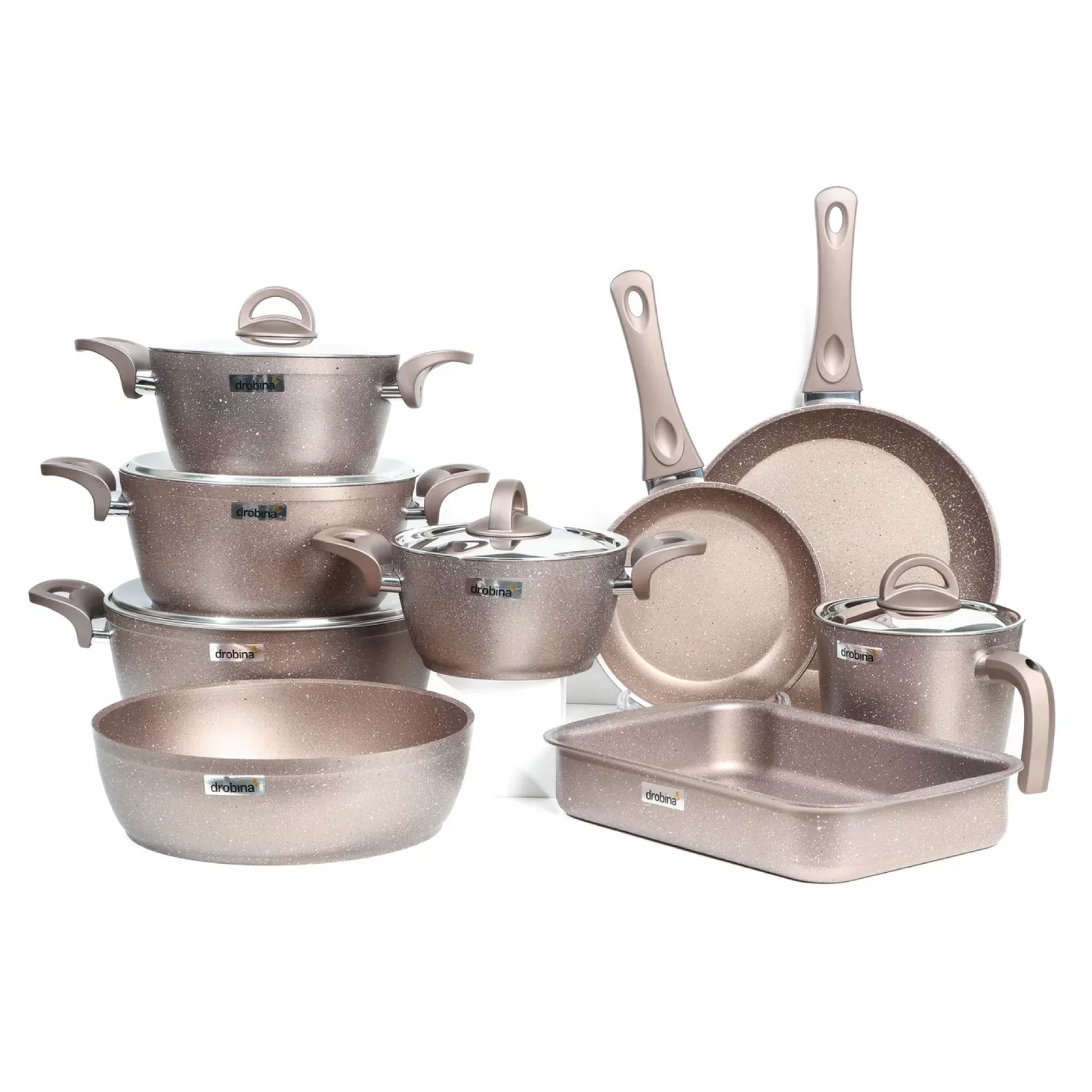 طقم حلل جرانيت دروبينا 14 قطعة لون روز عالي الجودة مع أغطية ستانلس