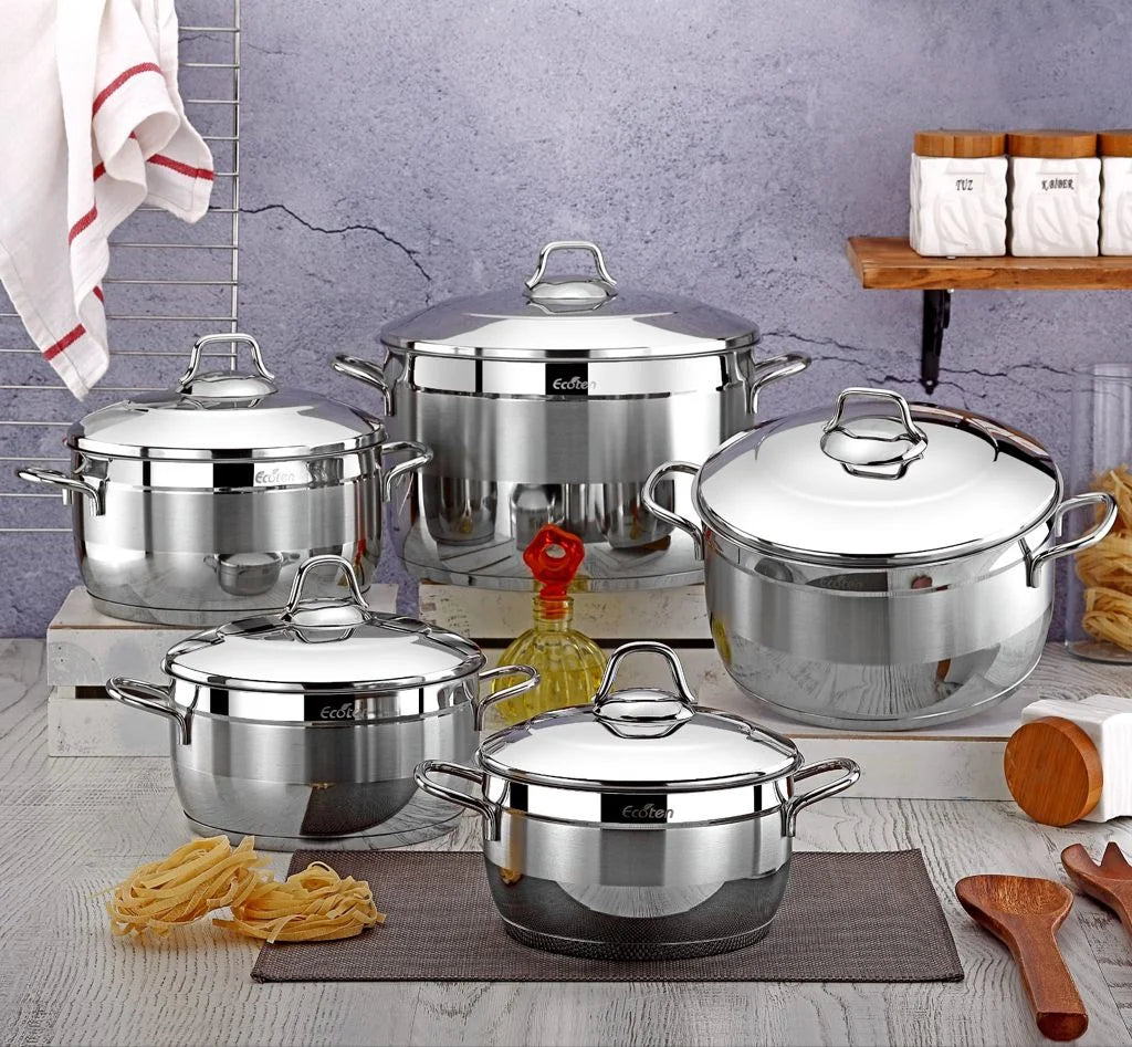 طقم حلل استانلس ايكوتن 10 قطع تركي بجودة عالية مع أغطية