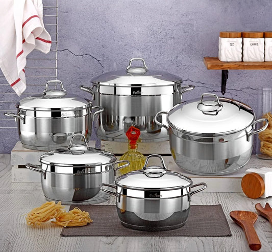 طقم حلل استانلس ايكوتن 10 قطع تركي بجودة عالية مع أغطية