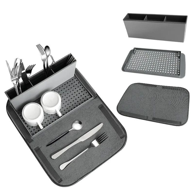 حامل أطباق قابل للطي مع سجادة مايكروفايبر لتنشيف الأطباق والأكواب والأواني بسهولة