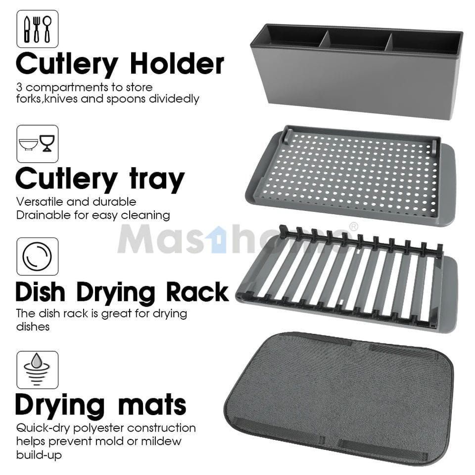 حامل أطباق قابل للطي مع سجادة مايكروفايبر لتنشيف الأطباق والأكواب والأواني بسهولة