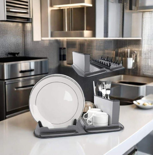 حامل أطباق قابل للطي مع سجادة مايكروفايبر لتنشيف الأطباق والأكواب والأواني بسهولة