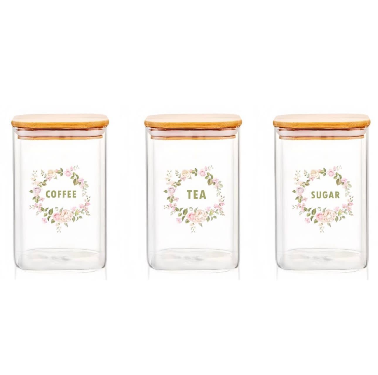 طقم برطمانات توابل زجاج بغطاء خشب محكم – 3 قطع سعة 500 مل