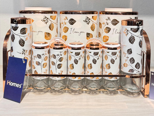 طقم توابل زجاج بيضاوي 11 قطعة مع غطاء سيليكون وحامل نحاس