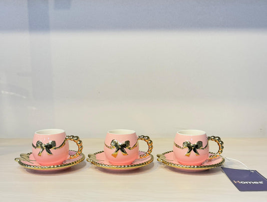 طقم فنجان قهوة مستورد 12 قطعة فيونكة مدهبة يد بابلز أنيق وفاخر من البورسلين