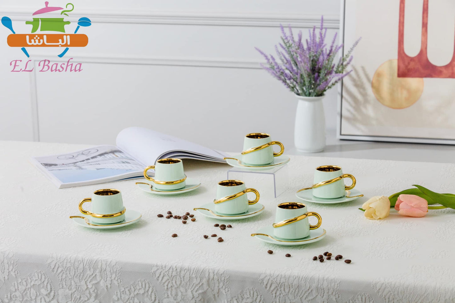 طقم قهوة بورسلين مودرن 12 قطعة بخط مدهب أو فضى أنيق