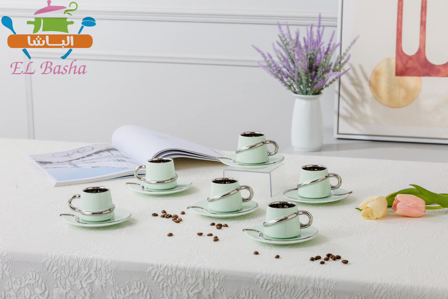 طقم قهوة بورسلين مودرن 12 قطعة بخط مدهب أو فضى أنيق