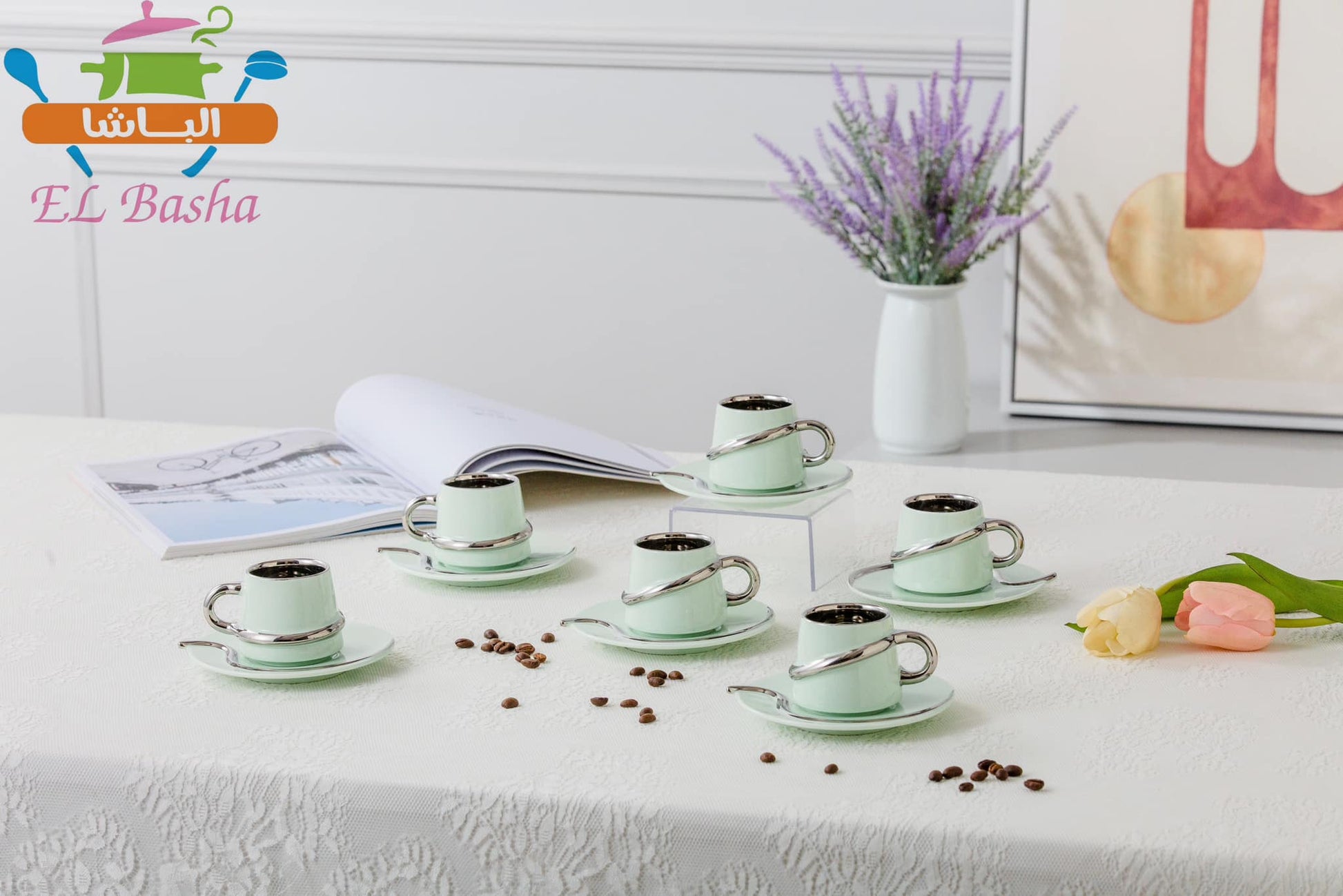 طقم قهوة بورسلين مودرن 12 قطعة بخط مدهب أو فضى أنيق