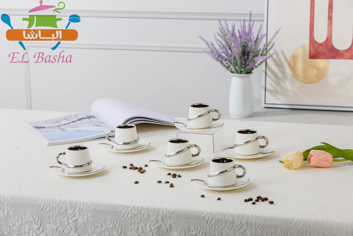 طقم قهوة بورسلين مودرن 12 قطعة بخط مدهب أو فضى أنيق
