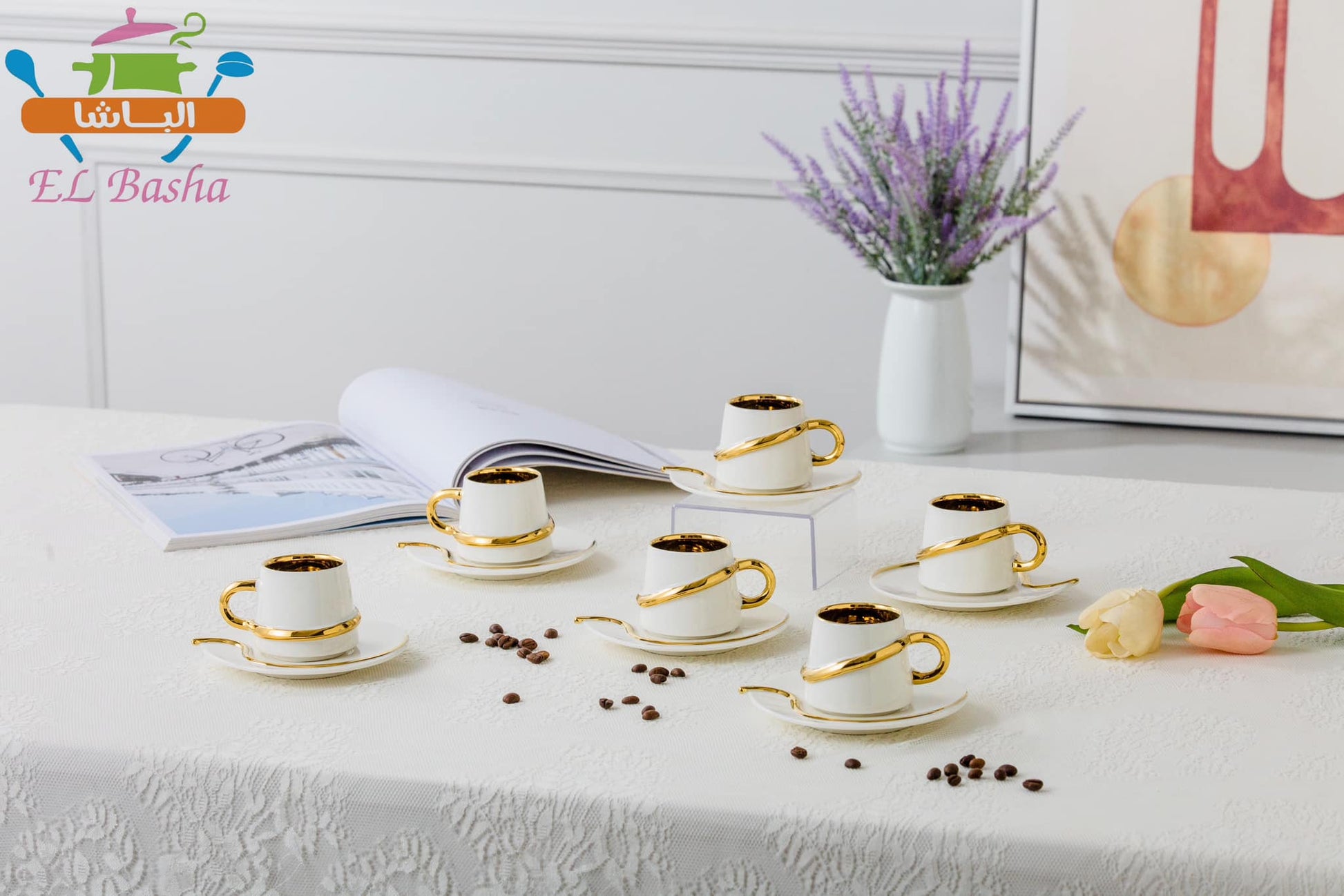 طقم قهوة بورسلين مودرن 12 قطعة بخط مدهب أو فضى أنيق