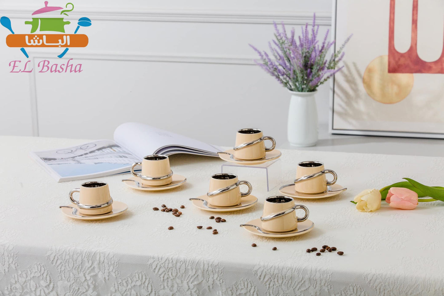 طقم قهوة بورسلين مودرن 12 قطعة بخط مدهب أو فضى أنيق