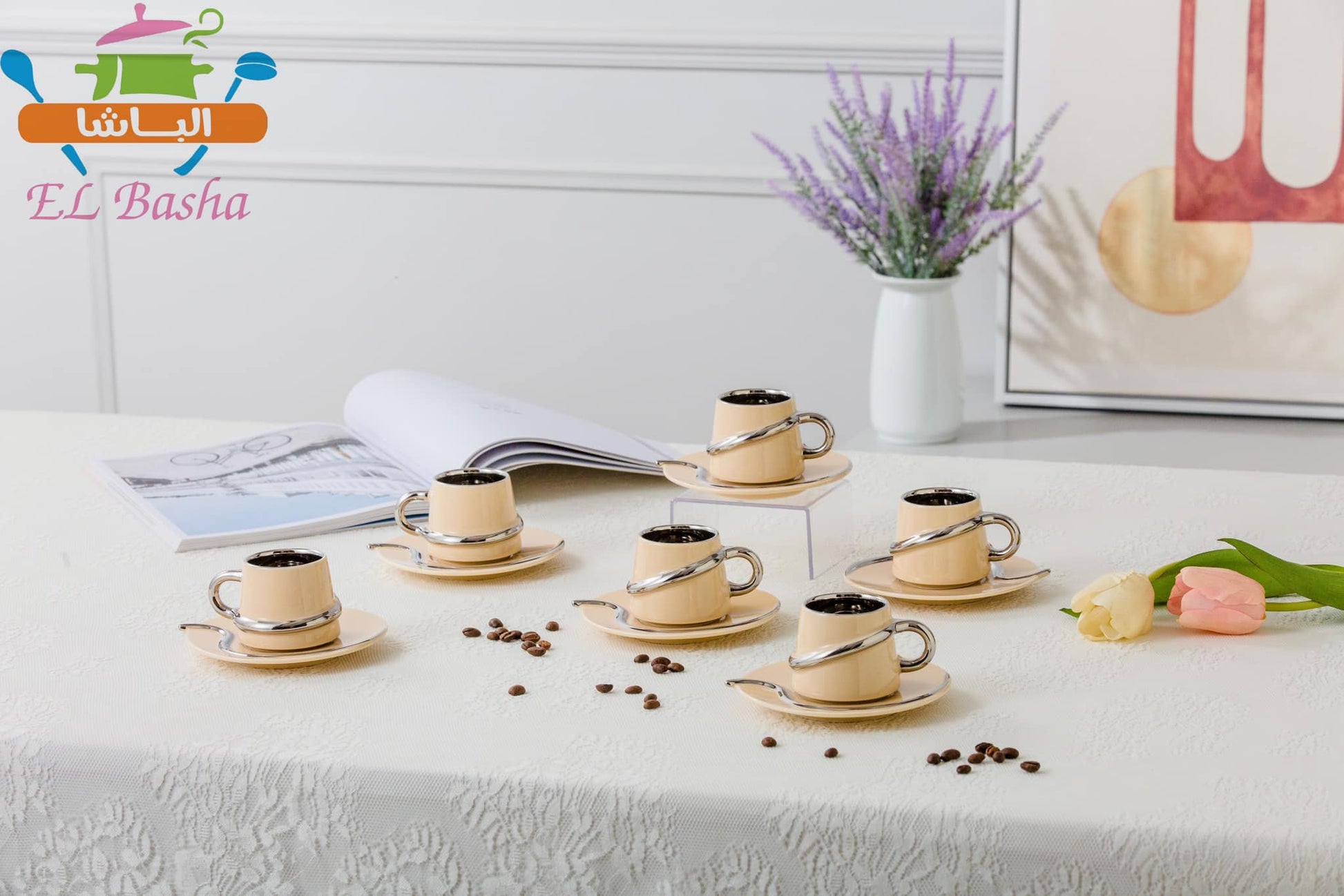 طقم قهوة بورسلين مودرن 12 قطعة بخط مدهب أو فضى أنيق