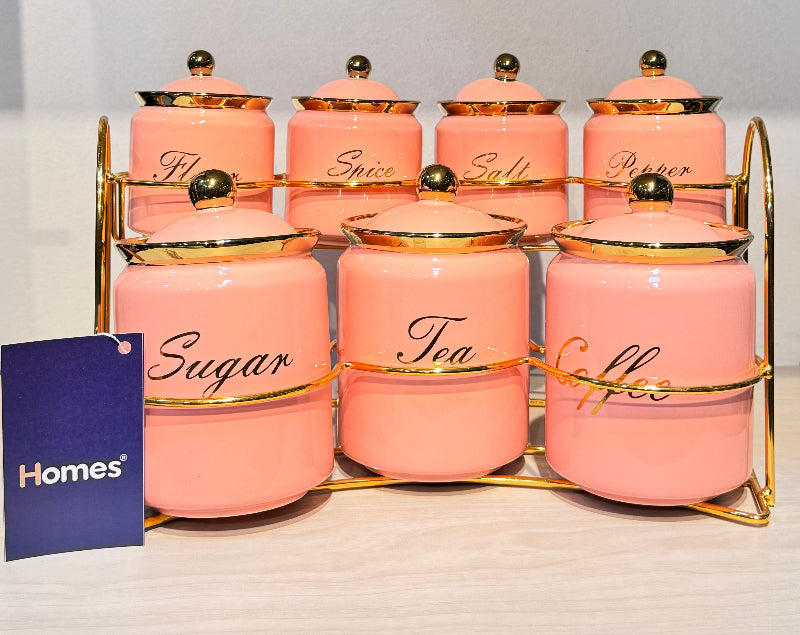 طقم توابل بورسلين بينك 8 قطع مع حامل ستيل مدهب