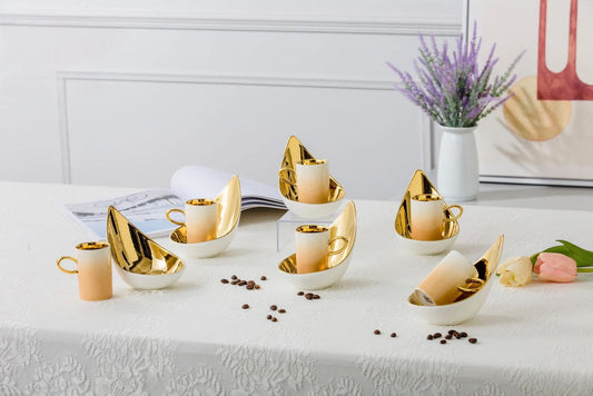 طقم قهوة بورسلين فاخر 12 قطعة يد ذهبى أو فضى أنيق