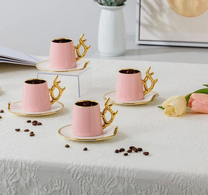 طقم قهوة بورسلين فاخر 12 قطعة مدهب يد غزالة بتصميم أنيق
