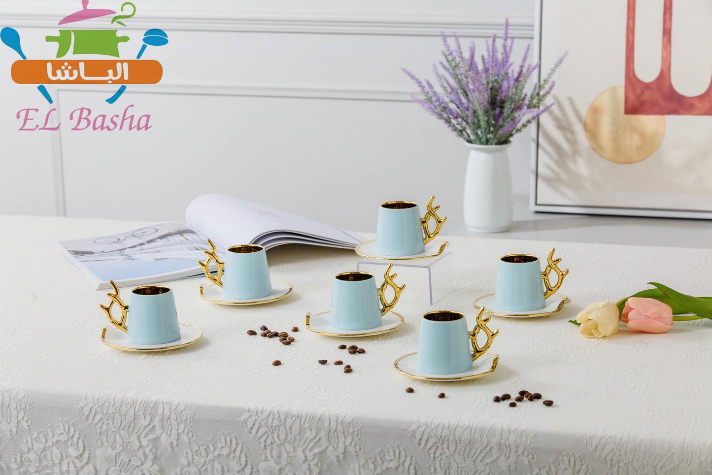 طقم قهوة بورسلين فاخر 12 قطعة مدهب يد غزالة بتصميم أنيق