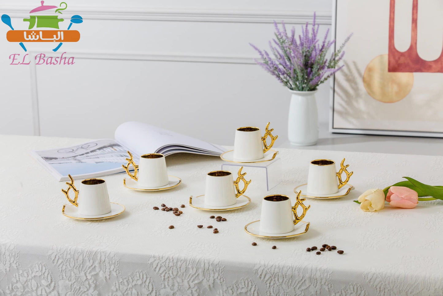 طقم قهوة بورسلين فاخر 12 قطعة مدهب يد غزالة بتصميم أنيق