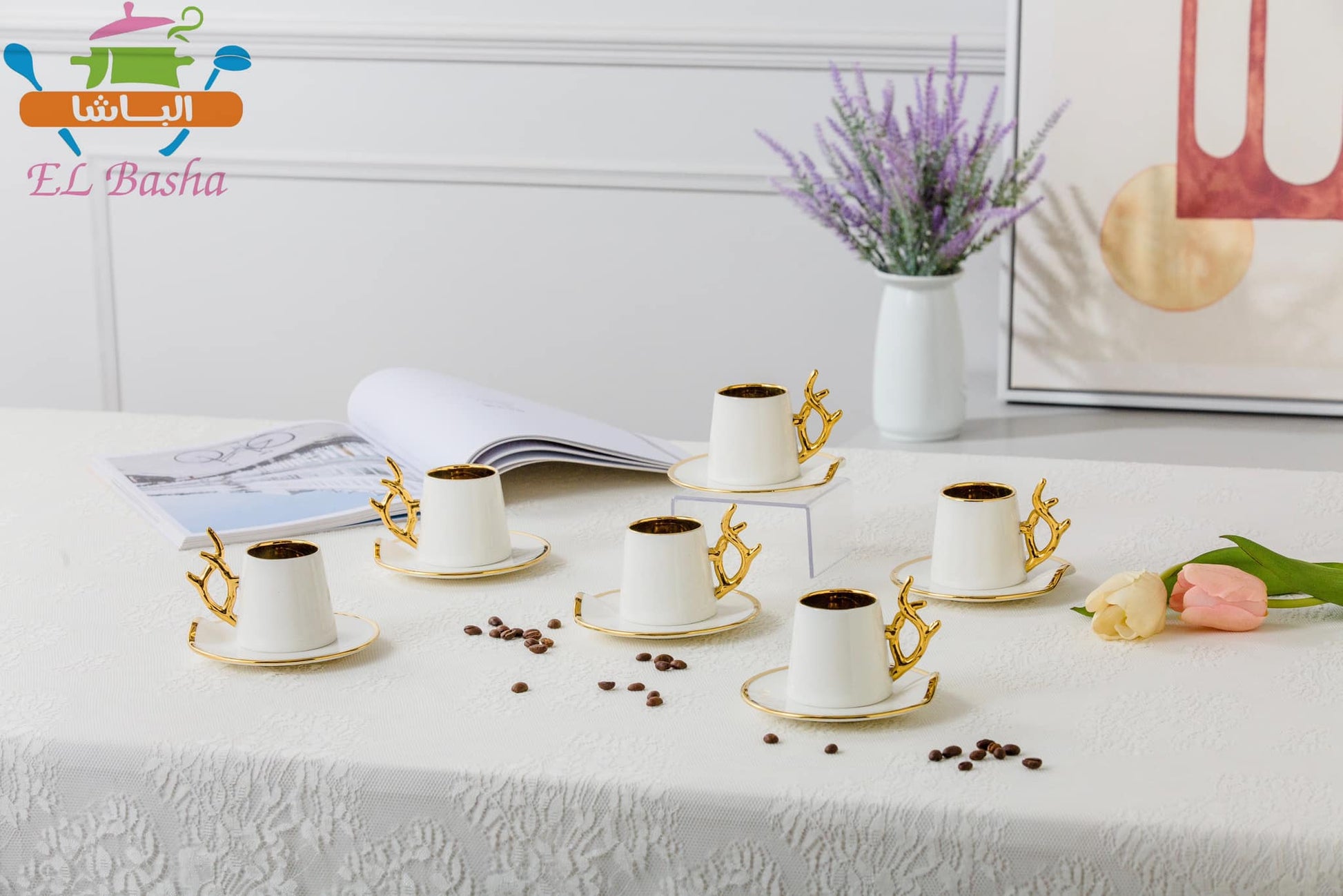 طقم قهوة بورسلين فاخر 12 قطعة مدهب يد غزالة بتصميم أنيق